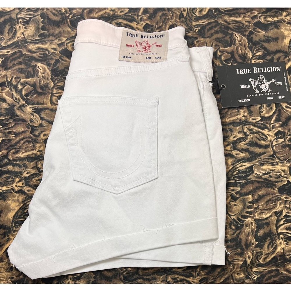 SOLD True Religion Womens White High Rise 5 Pocket Raw Hem Cuff Jean Shorts Sz - Picture 3 of 8